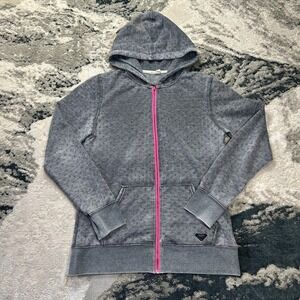 Roxy Hoodie Womens Large Gray Pink Polka‎ Dots Fleece Lined Cotton Logo Full Zip